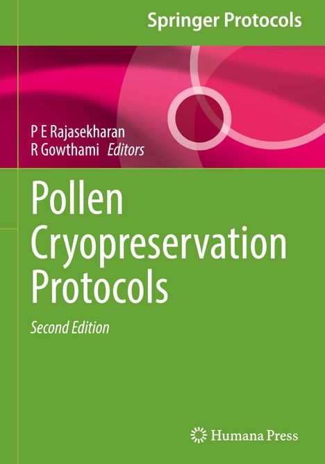 Text: "Springer Protocols, P E Rajasekharan, R Gowthami Editors, Pollen Cryopreservation Protocols, Second Edition, Humana Press."  
Design: Grün und rosa mit Kreismuster.