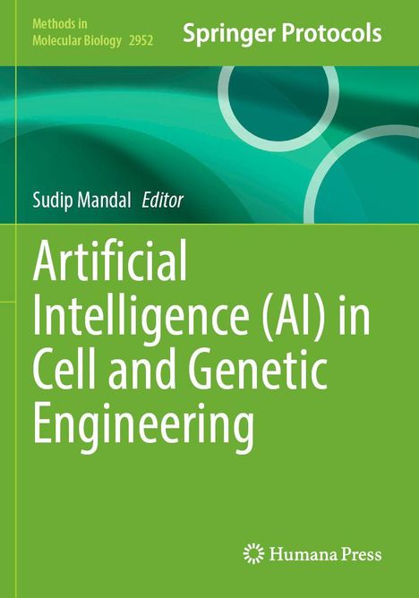 Titel: Artificial Intelligence (AI) in Cell and Genetic Engineering. Grüner Hintergrund, Kreise als Designelemente.