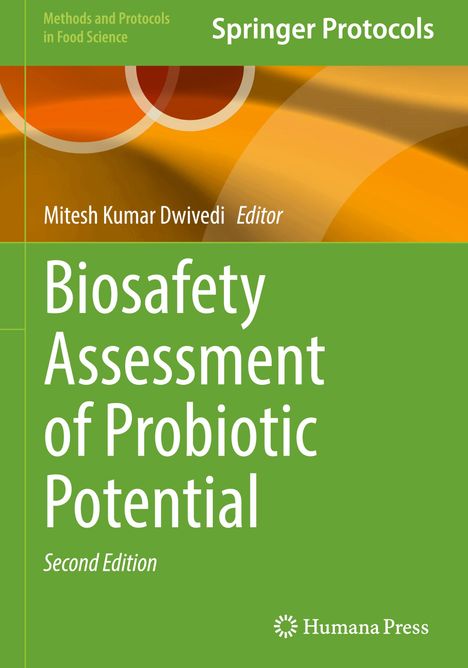 **Buchcover**: "Biosafety Assessment of Probiotic Potential". Grüner Hintergrund, orange Kreise.
