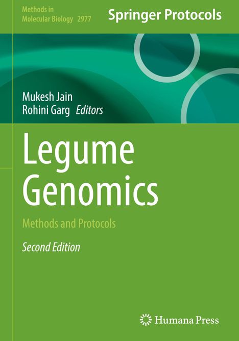 "Legume Genomics: Methods and Protocols, Second Edition" von Mukesh Jain und Rohini Garg. Grünen Hintergrund mit Kreisen.