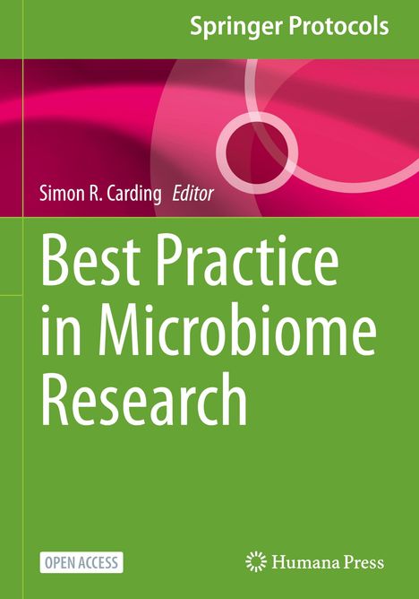 "Best Practice in Microbiome Research", Editor: Simon R. Carding. Grüne und pinke Farben mit Kreismotiven, Logo „Humana Press“.