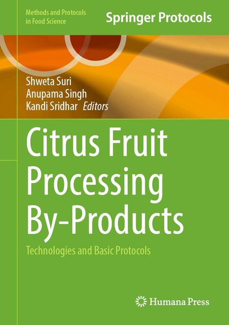 "Citrus Fruit Processing By-Products" auf grünem Hintergrund, oben mit orangen Kreisen und weißen Linien.