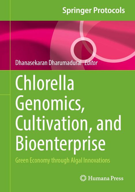 "Springer Protocols. Chlorella Genomics, Cultivation, and Bioenterprise. Grüner Hintergrund mit pinken Mustern."