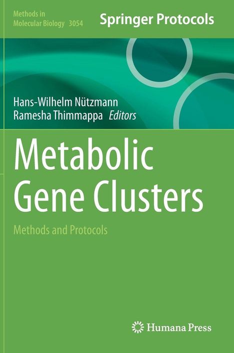 „Metabolic Gene Clusters“, grüne Buchabdeckung, Springer und Humana Press Logos, kreisförmige Muster.