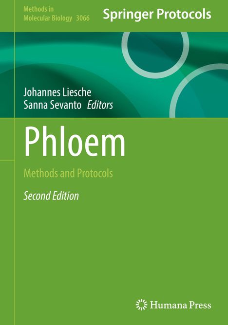 Oben steht „Springer Protocols“, darunter Titel „Phloem“, grüne und blaue Farbflächen mit Kreisen.