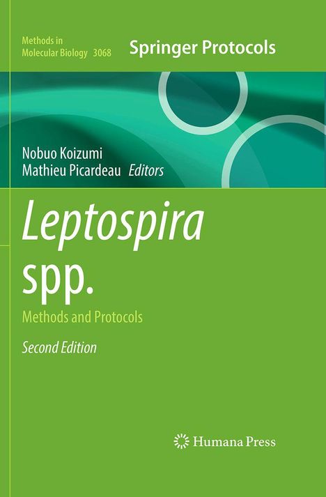 „Leptospira spp. Methods and Protocols, Second Edition.“ Auf grünem Hintergrund, mit abstrakten Kreisen.