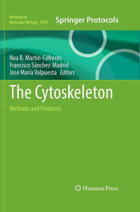 Text oben: "Springer Protocols". Darunter: Titel "The Cytoskeleton". Grüner Hintergrund mit abstrakten Kreisen.