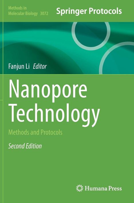 "Nanopore Technology: Methods and Protocols", Second Edition. Grüner Hintergrund mit Kreisen. Humana Press Logo.