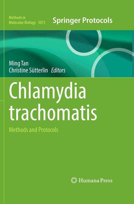 „Chlamydia trachomatis: Methods and Protocols“. Grünes Design mit abstrakten Kreisen, Humana Press Logo.