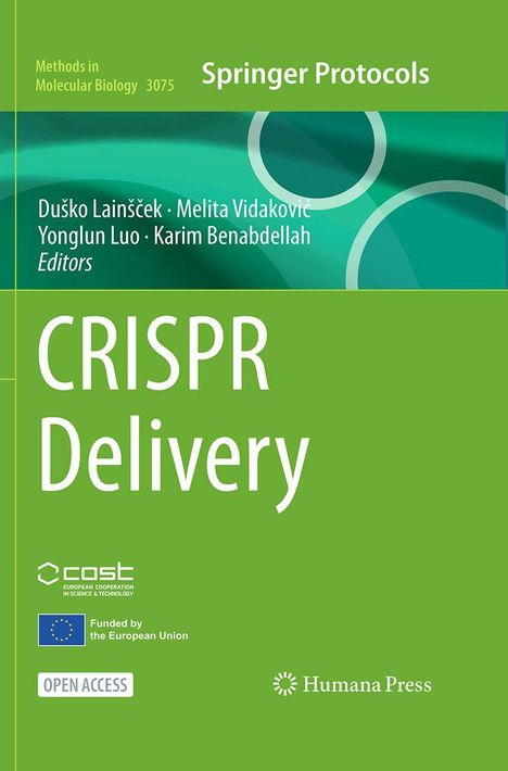 Text: CRISPR Delivery. Methoden in der Molekularbiologie. Grün mit Kreisen. Logos von COST und EU. Open Access-Symbol.