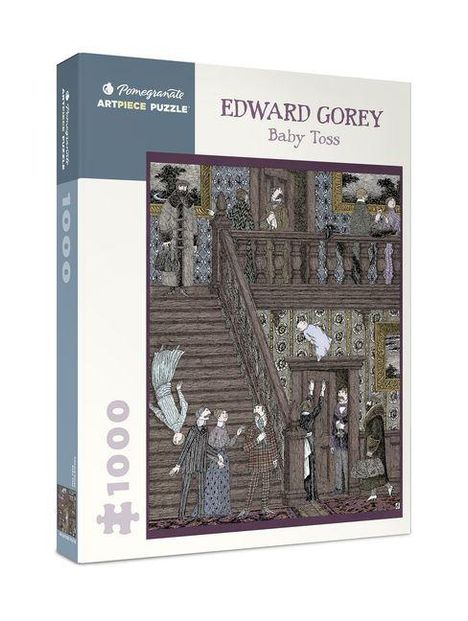 Text: "Edward Gorey, Baby Toss, 1000". Illustration: Menschen in altmodischer Kleidung auf einer Treppe, ein Kind wird geworfen.