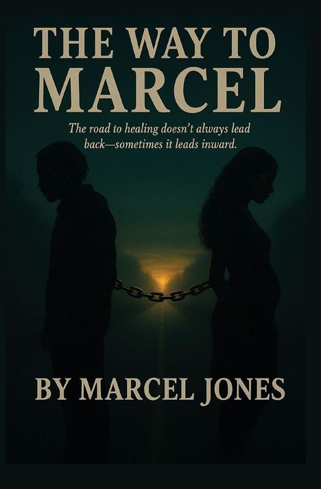 "The Way to Marcel" von Marcel Jones. Silhouette eines Mannes und einer Frau, Rücken an Rücken, voneinander weggedreht, in Ketten.