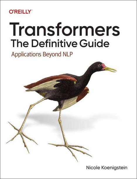 "Transformers: The Definitive Guide. Applications Beyond NLP. Nicole Koenigstein." Illustration eines Vogels mit langen Beinen.