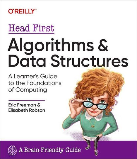 "Head First Algorithms & Data Structures" zeigt eine Illustration: Frau mit Brille und rotem Haar, die interessiert schaut.