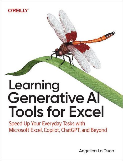 "Learning Generative AI Tools for Excel" mit Libelle auf einem grünen Halm. Autorin: Angelica Lo Duca.