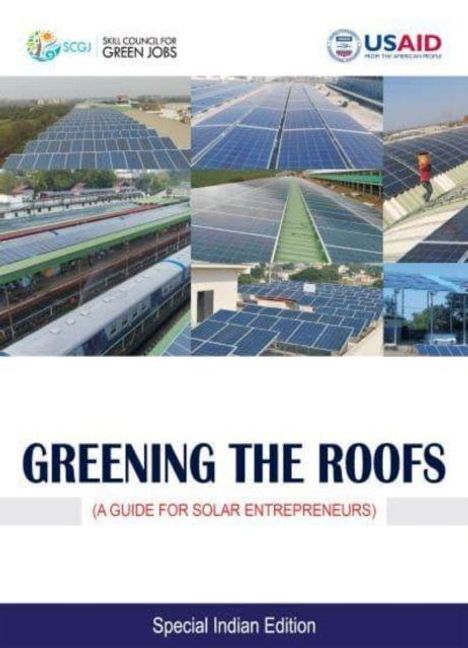 "GREETING THE ROOFS (A GUIDE FOR SOLAR ENTREPRENEURS)" über Bildern von Solardächern; Logos oben.