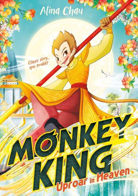 „Monkey King: Uproar in Heaven.“ Ein fröhlicher Affenkönig mit Stab, umrahmt von Blumen und einem Palast im Hintergrund.