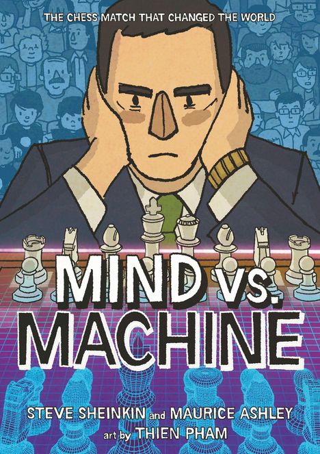 „THE CHESS MATCH THAT CHANGED THE WORLD“ und „MIND vs. MACHINE“. Illustration: Ein nachdenklicher Mann beim Schach.