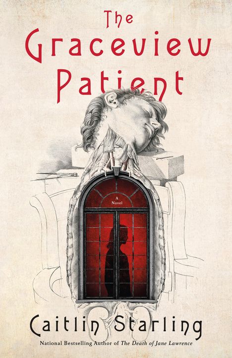 "The Graceview Patient" und "Caitlin Starling" in Rot. Anatomische Illustration: Kopf, Muskeln, rote Tür mit Silhouette.