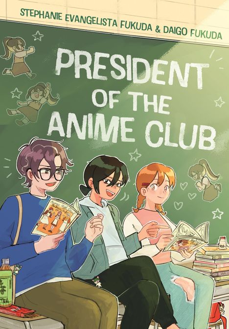 „President of the Anime Club“ steht auf einer Tafel. Drei Personen lesen Manga, lächeln und sitzen entspannt zusammen.