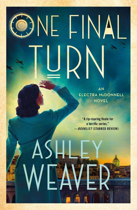 "ONE FINAL TURN," oben. Frau in türkisfarbenem Mantel, hält Hand an Stirn, schaut in den Himmel zu fliegenden Flugzeugen.