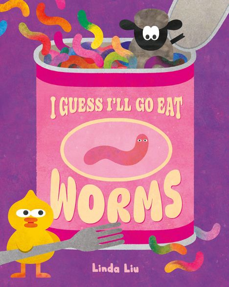 Text: "I GUESS I'LL GO EAT WORMS". Illustration einer Dose mit bunten Würmern, einem Schaf und einer Ente mit Gabel.