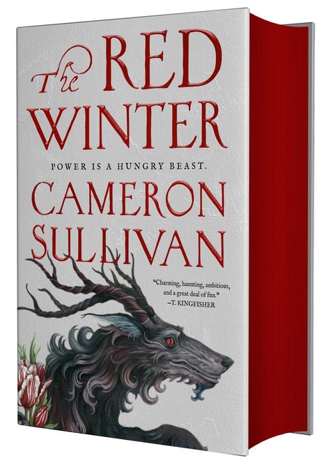"The Red Winter" von Cameron Sullivan. Illustration eines schwarzen Wolfes mit verzweigten Hörnern und roten Blumen.