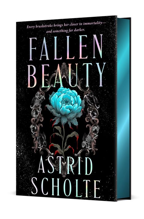 "Every brushstroke brings her closer to immortality and something far darker. FALLEN BEAUTY, ASTRID SCHOLTE." Ein blauer Blumenstrauß in einem dunklen, mysteriösen Rahmen.