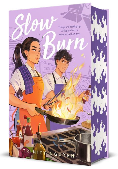 "Slow Burn", "Things are heating up in the kitchen in more ways than one." Zwei Personen kochen mit Flammen, Illustration.