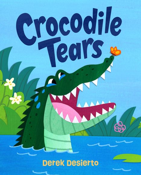 Der Text "Crocodile Tears" und "Derek Desierto" über einem fröhlichen Krokodil mit offenem Mund und einem Schmetterling auf der Nase.