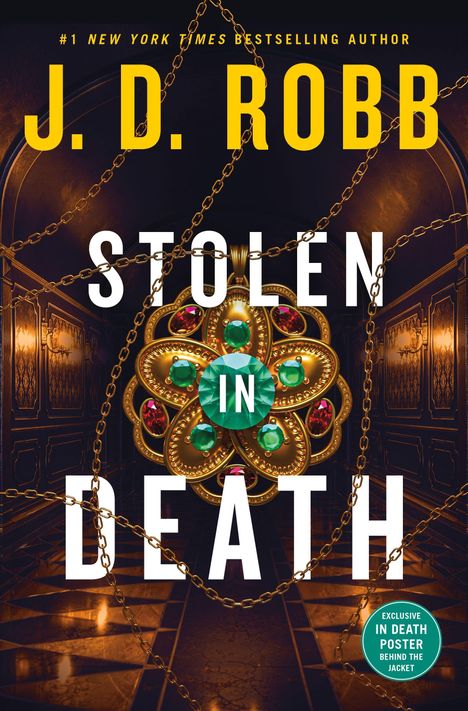 "STOLEN IN DEATH" von J.D. Robb. Bild einer prächtigen Halskette vor einem antiken Raum.