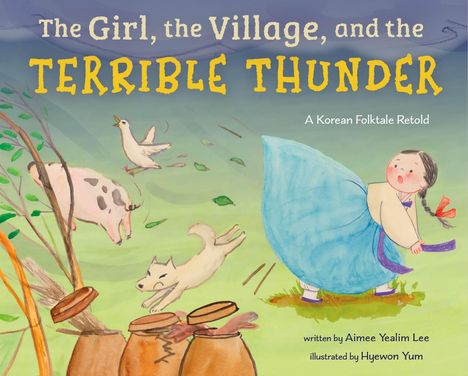 „The Girl, the Village, and the Terrible Thunder.“ Eine Illustration zeigt ein Mädchen im Wind, mit Tieren und fliegenden Blättern.