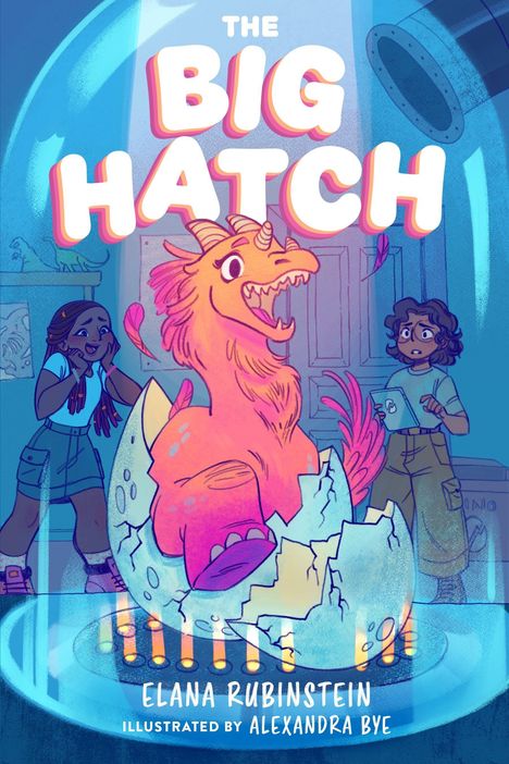 Oberer Text: "The Big Hatch". Illustrationen: Ein Drache schlüpft aus einem Ei, umgeben von zwei erstaunten Kindern.