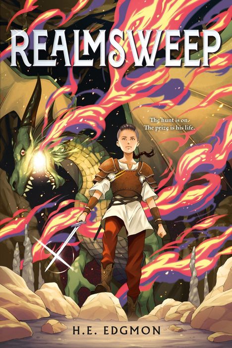 "REALMSWEEP" oben, "The hunt is on. The prize is his life." Der Autor: H.E. Edgmon. Ein Krieger mit Schwert neben einem Drachen.