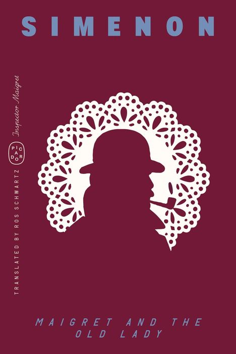 SIMENON. Maigret and the Old Lady. Silhouette eines Mannes mit Pfeife, umgeben von gehäkeltem Muster.