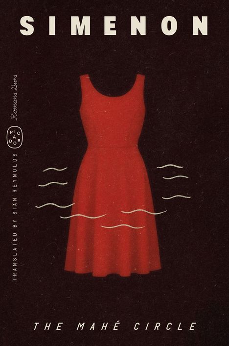 Text: "SIMENON", "TRANSLATED BY SIÁN REYNOLDS", "THE MAHÉ CIRCLE". Illustration eines roten Kleides mit Wellenlinien.