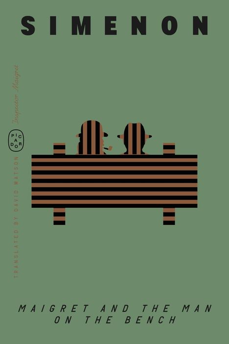 "SIMENON" und "MAIGRET AND THE MAN ON THE BENCH". Zwei Personen sitzen auf einer Bank, stilisierte Illustration.