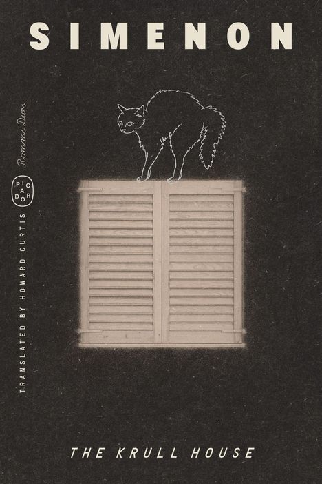 "SIMENON", darunter "THE KRULL HOUSE". Eine Katze mit gestelltem Fell steht auf geschlossenen Fensterläden.