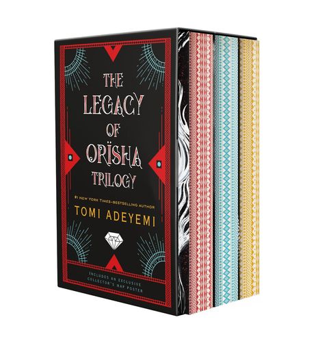 "The Legacy of Orisha Trilogy", Tomi Adeyemi. Schwarz-rote Box, bunte Buchrücken mit Mustern. Inklusive Sammlerkarte.