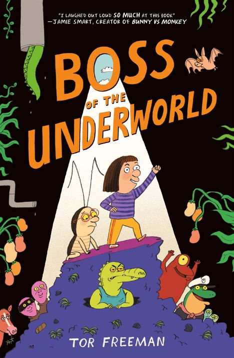 "Boss of the Underworld" ist in großen, orangen Buchstaben geschrieben. Eine Illustration zeigt Figuren auf einem Hügel.