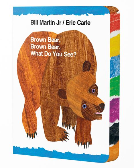 Buchtitel: "Brown Bear, Brown Bear, What Do You See?" Ein illustrativer Braunbär mit buntem Rand ist abgebildet.