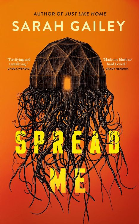 "SPREAD ME" steht in großen gelben Buchstaben auf einem orangefarbenen Hintergrund mit einem künstlerischen Haus und Tentakel.