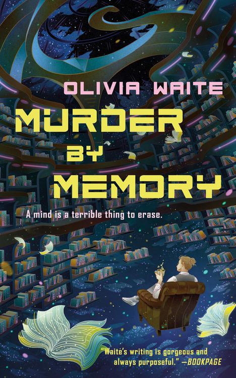 "OLIVIA WAITE MURDER BY MEMORY. A mind is a terrible thing to erase." Fantasievolle Bibliothek mit schwebenden Büchern.