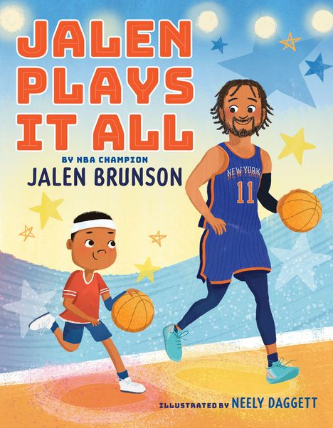 „Jalen Plays It All“ von Jalen Brunson. Illustration eines Spielers mit Basketball, kindlich und bunt.