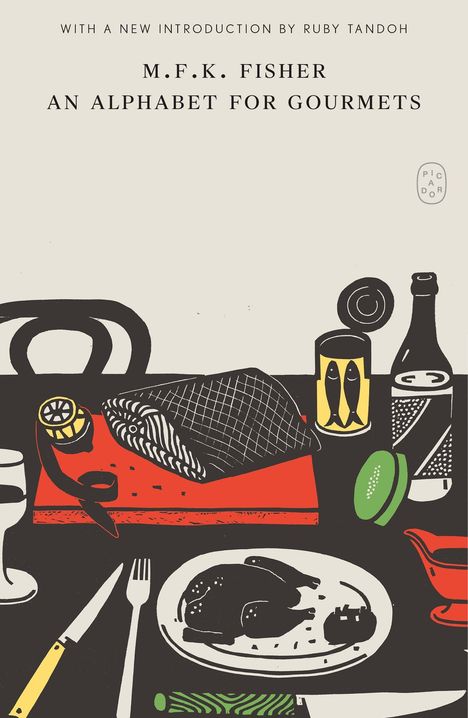 "M.F.K. Fisher, An Alphabet for Gourmets." Illustration eines gedeckten Tisches mit Lebensmitteln und Geschirr.
