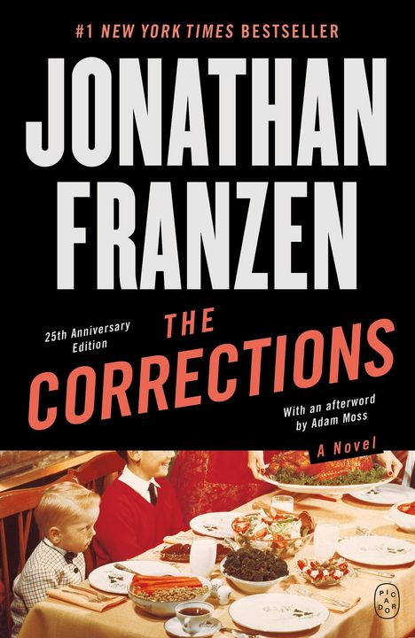Große Texte oben: „JONATHAN FRANZEN“, „THE CORRECTIONS“. Unten ein Tisch gedeckt mit Essen und eine Familie in festlicher Kleidung.