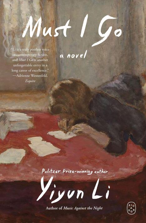 "Must I Go", ein Roman von Yiyun Li. Illustration: Frau über einem Tisch, umgeben von Papieren.