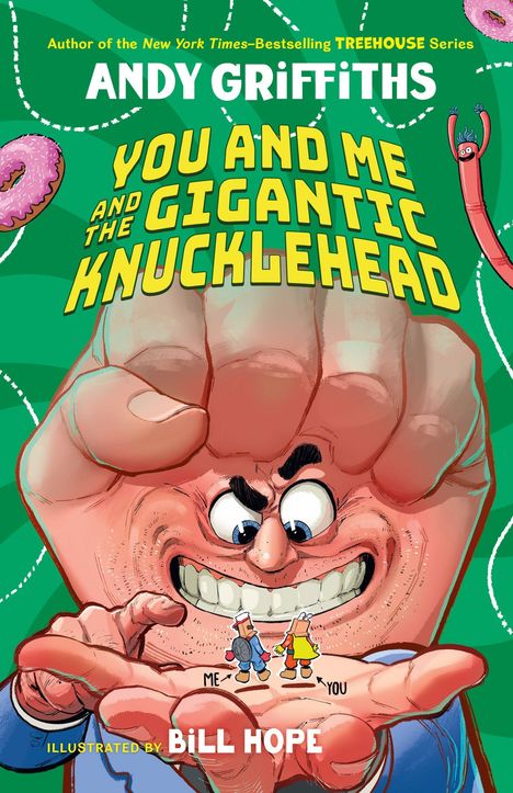 Titel: "YOU AND ME AND THE GIGANTIC KNUCKLEHEAD". Zwei kleine Cartoon-Figuren auf einer großen Faust.