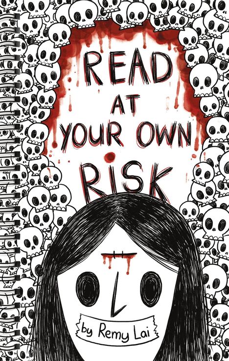 "Read at your own risk" in blutroter Schrift. Illustration mit Skelettköpfen; zentrales Gesicht, genähtes Stirnmuster.