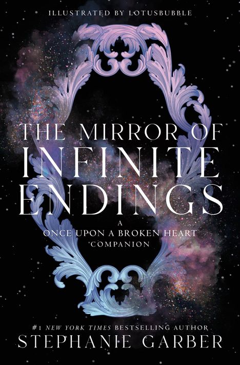 Text: "THE MIRROR OF INFINITE ENDINGS", Illustration: verschnörkeltes, lila Ornament auf sternenklarem Hintergrund.